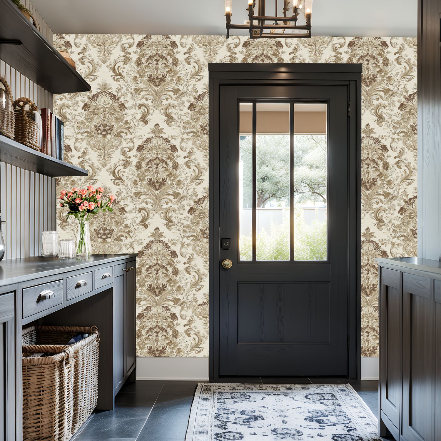 Vintage Peel and Stick Wallpaper 17.7in x 9.8ft Elegant Baroque Floral Damask Earth Tones Contact Paper Vinyl Waterproof Self Adhesive Wall Paper for Bedroom Shelf Cabinet Renter Friendly