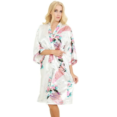 

Mr & Mrs Right Women s Satin Kimono Robes Peacock Silk Bridesmaid Bathrobes Blossoms Dressing Night Gown White XS