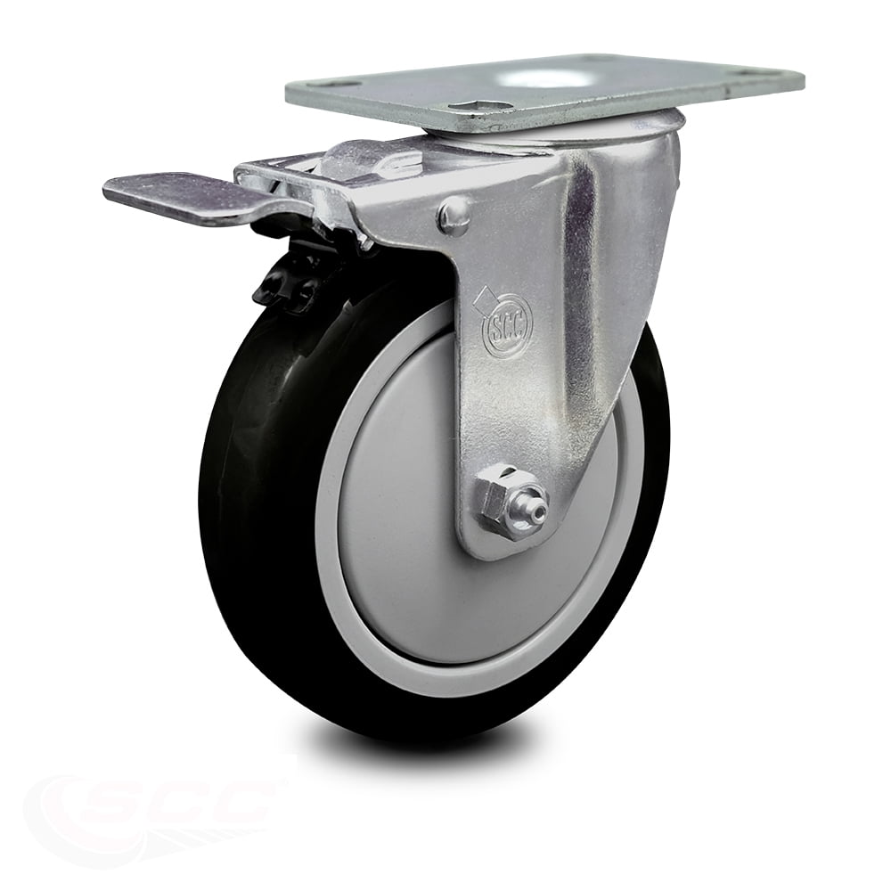 Polyurethane Swivel Top Plate Caster w/5" x 1.25" Black Wheel & Total