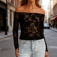 thumbnail image 2 of Lace Off Shoulder Tops for Women Long Sleeve Mesh Tops Embroidered Sheer Lace V Neck T-Shirts See Through Blouse, 2 of 7