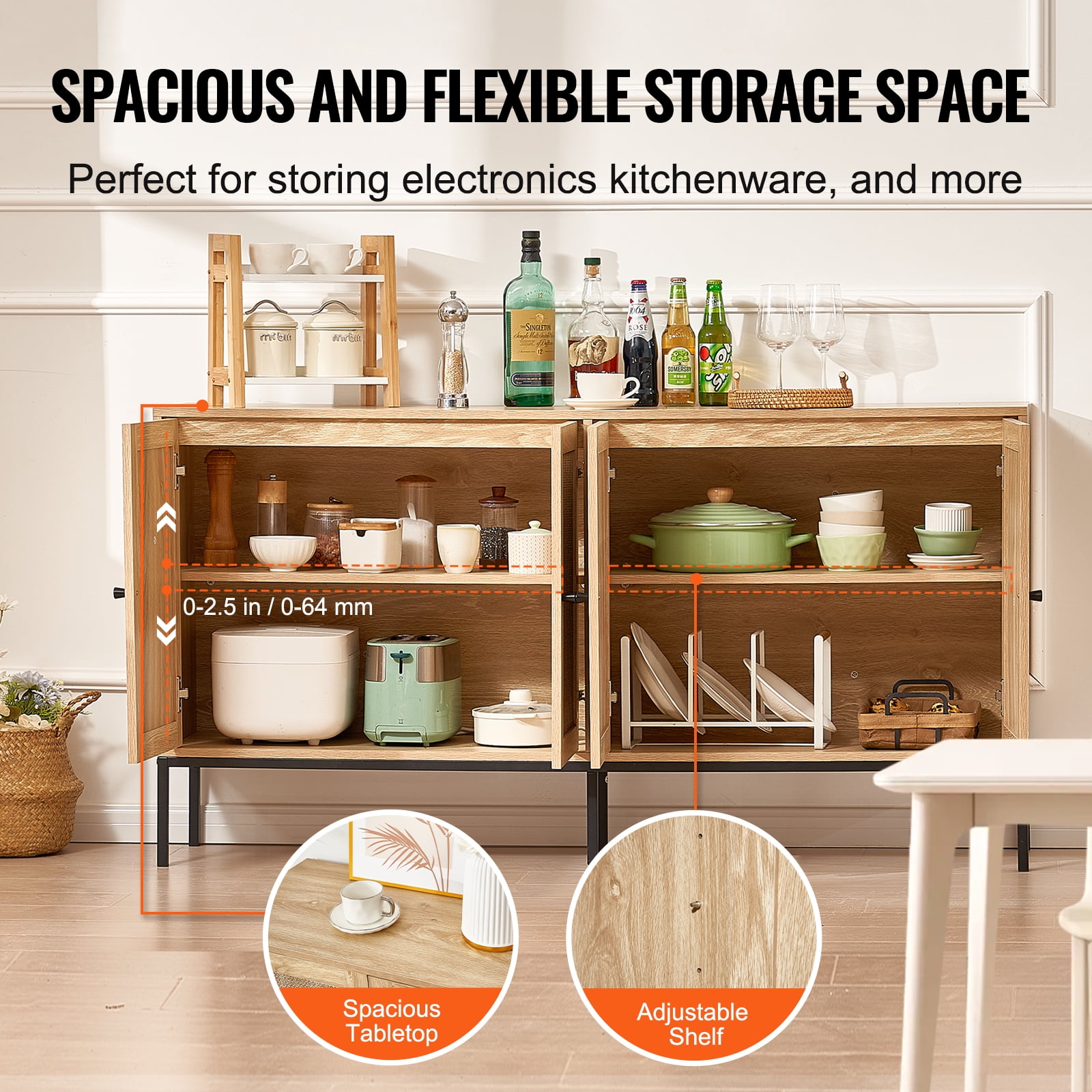 KFFKFF Wicker Cabinet, Wicker Storage Unit with 4 Magnetized Doors and Customizable Shelving, Multipurpose Cabinet for Corridor, Foyer, Lounge, or Kitchen, Organic