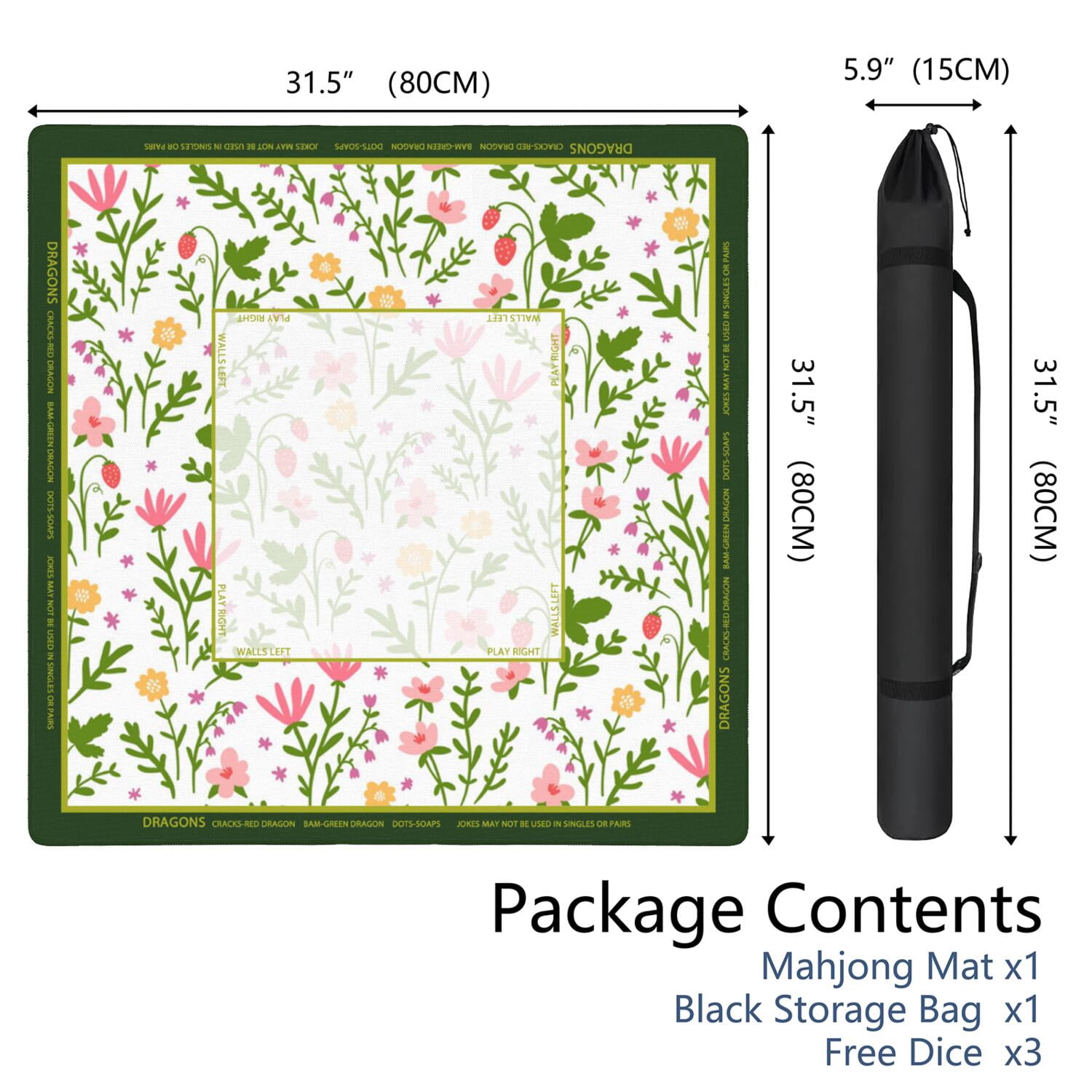 Flower Mahjong Mat with Rules, 31.5*31.5in Anti Slip American Mahjong Mat for Table, Noise Reduction, Neoprene Mah jongg Mats with Carrying Bag & 3 Dices, Mahjong Set Gift, Board Tile Games Mats