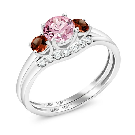 Gem Stone King 10K White Gold Pink Lab Grown Diamond and Red Garnet and Lab Grown Diamond Bridal-Sets Ring for Women | 0.86 Cttw | Round 5MM | Gemstone April Birthstone | Size 7