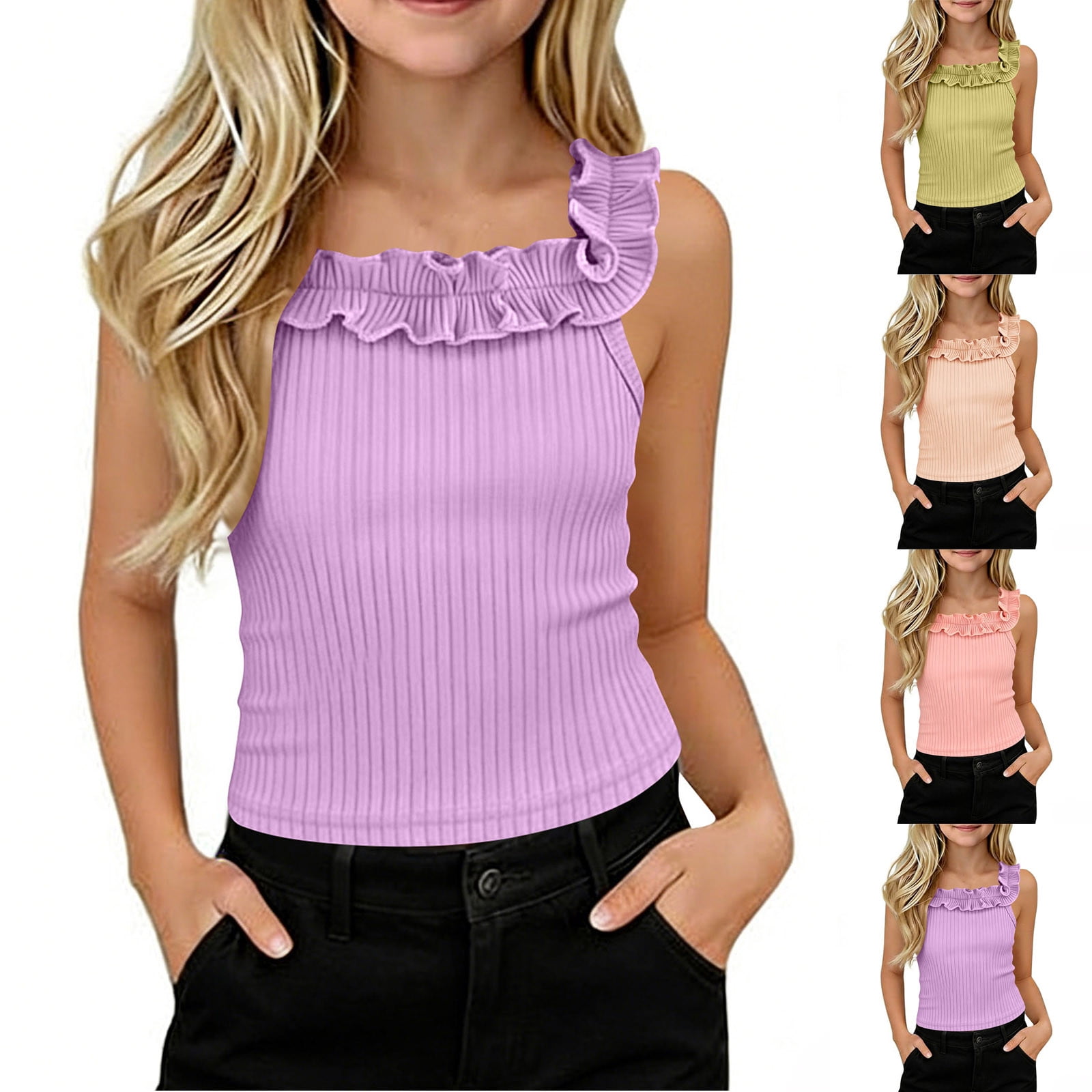 AHTJRT Girls Cute Sleeveless Tank Tops Ruffle Strap Square Neck Blouses Soft Comfy Ribbed Solid Color Slim Fit Camisole Tops Pink 4-5 Years