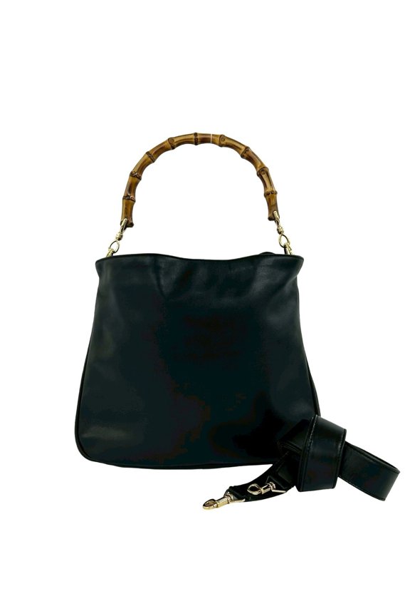 Pre-Owned GUCCI Vintage Bamboo Leather 2-Way Handbag Tote Bag Shoulder Black 04231