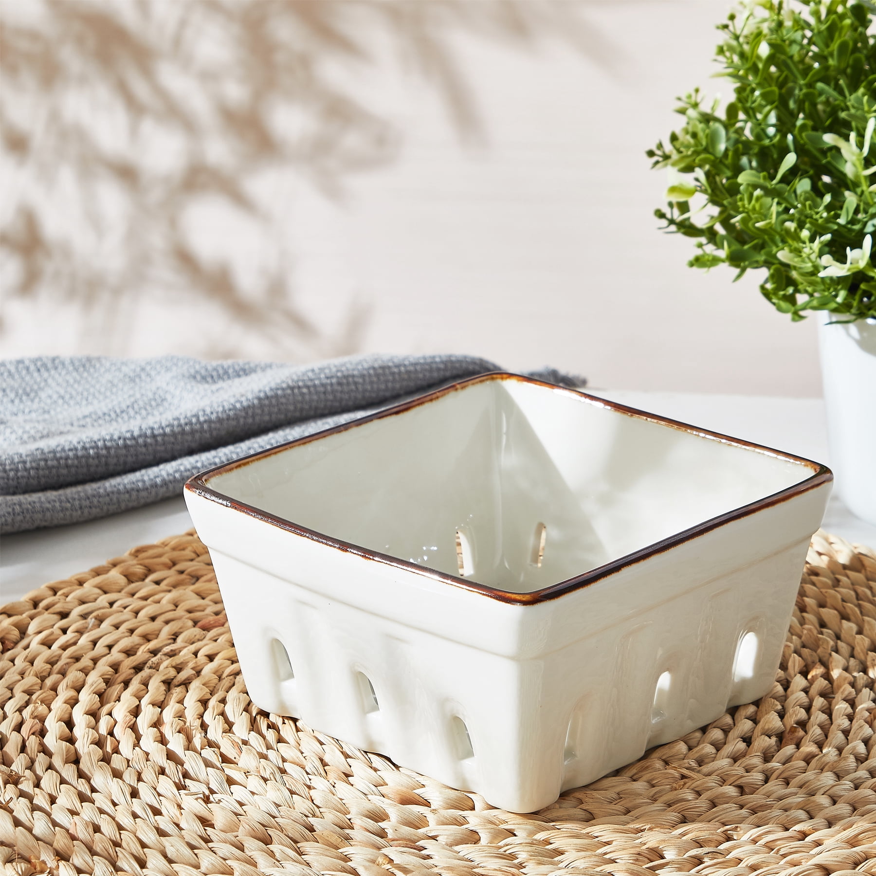 CONTENPO Ceramic Berry Basket with Holes, Berry Bowl Colander Fruit Basket for Kitchen Décor - 5.9" Berry Containers for Fridge, Cream White (2 PCS)