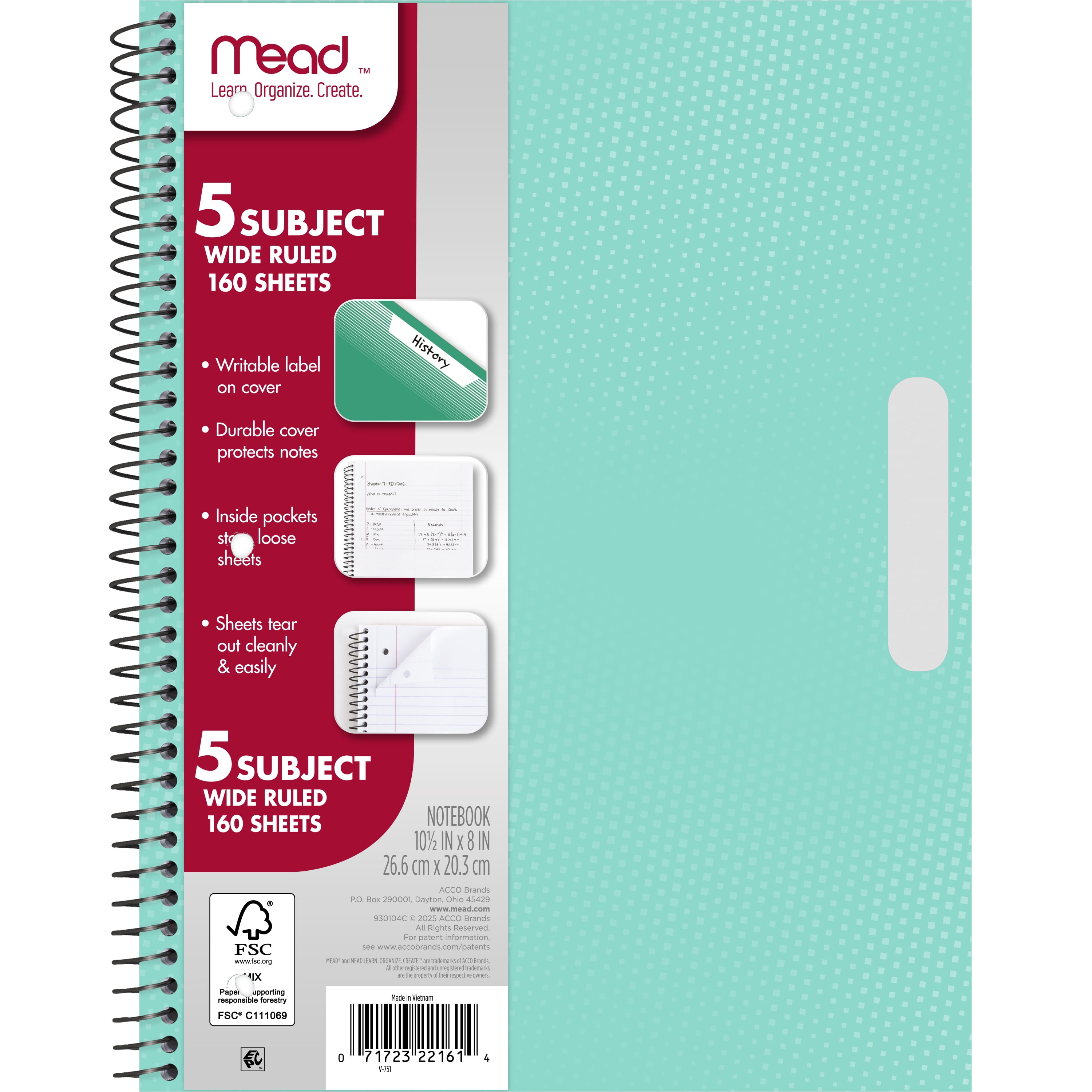 Mead 5 Subject Wide Ruled Notebook, 8" x 10.5", Pastel Green, Poly, Spiral, 160 Sheets