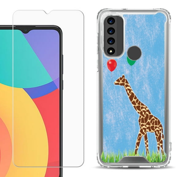 Shockproof Bumper Phone Case for TCL 20 XE, with Tempered Glass Screen Protector, by OneToughShield ® - Giraffe/Balloon