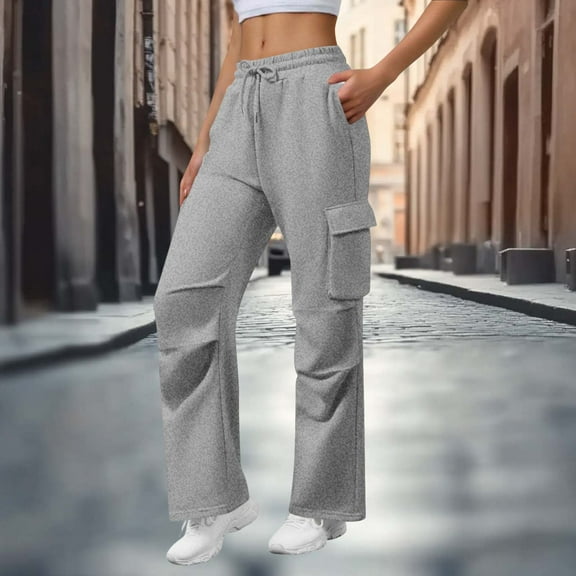 Cargo Sweatpants for Women Casual Elastic Waist Straight Leg Breathable Open Bottom Gym Workout Joggers with Multi-Pockets