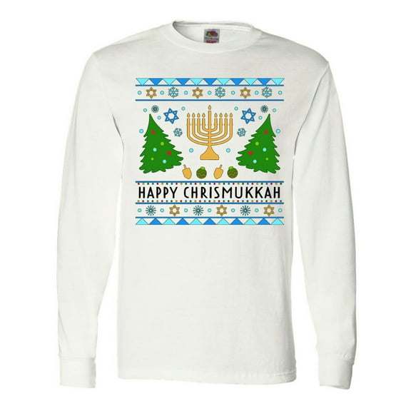 Inktastic Happy Chrismukkah Sweater Style with Menorah and Trees Long Sleeve T-Shirt