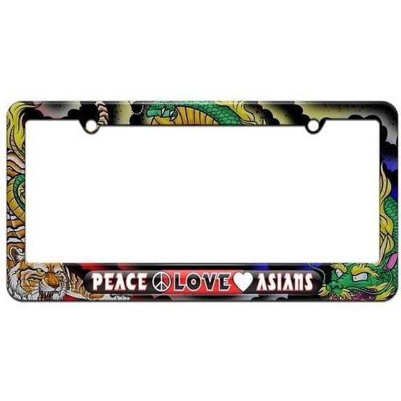 Peace Love Asians License Plate Tag Frame, Dragon and Tiger Tattoo Design