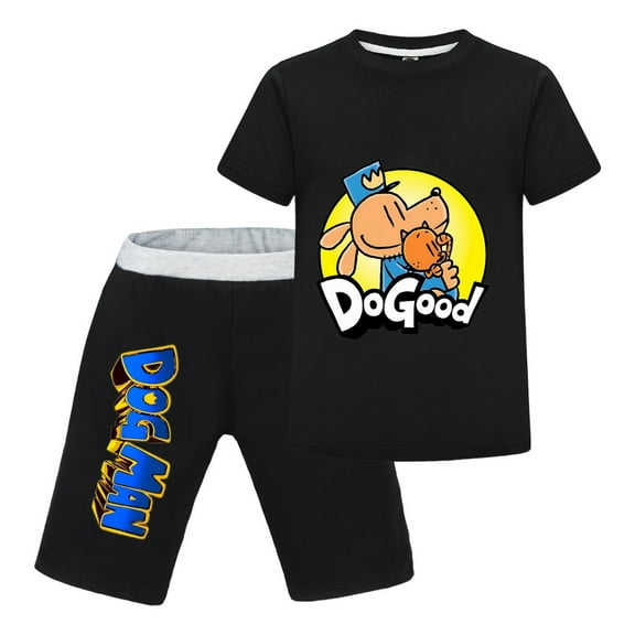 Dog Man Do Good Pose Kids Outfit Set – Boys Girls Short-Sleeve Graphic T-Shirt and Shorts 2-Piece Cartoon Clothing for Summer Play, Sleepwear, or Casual Wear
