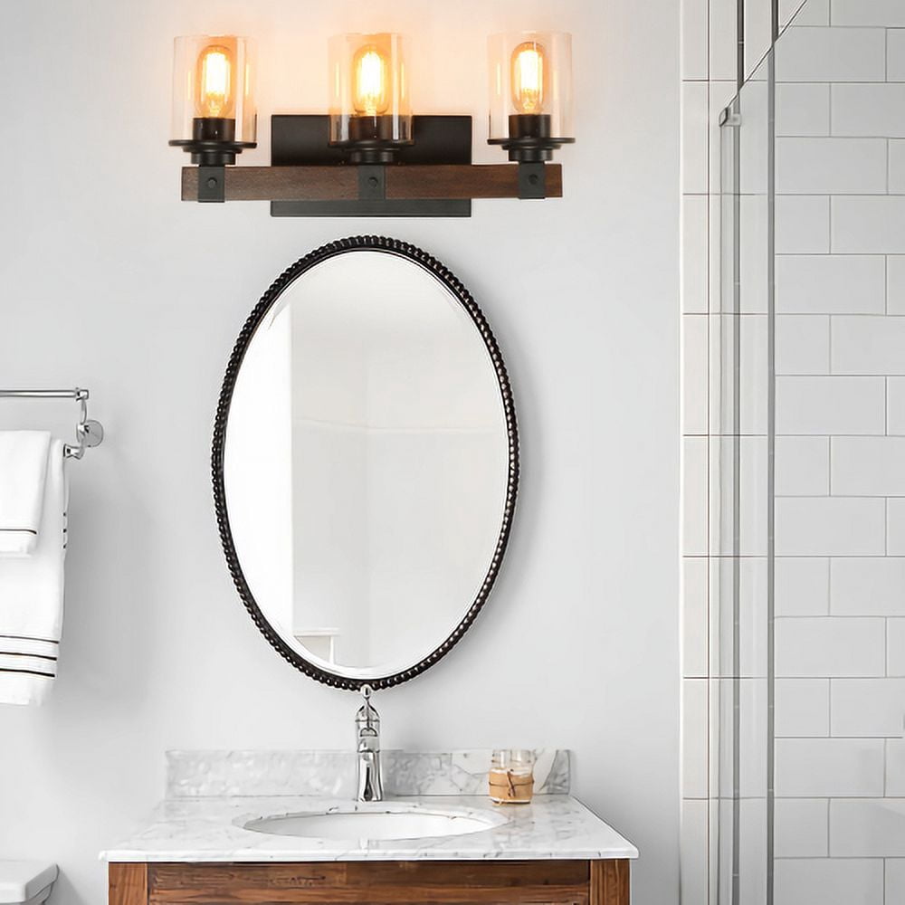 ACE-LIGHTS,3-Lights Farmhouse Rustic Bathroom Light Fixture with Glass Lampshade(Bulbs Not Included),Vanity Lights Fixture for Bathroom,Dressing Room,Bedroom,Living Room(Black)