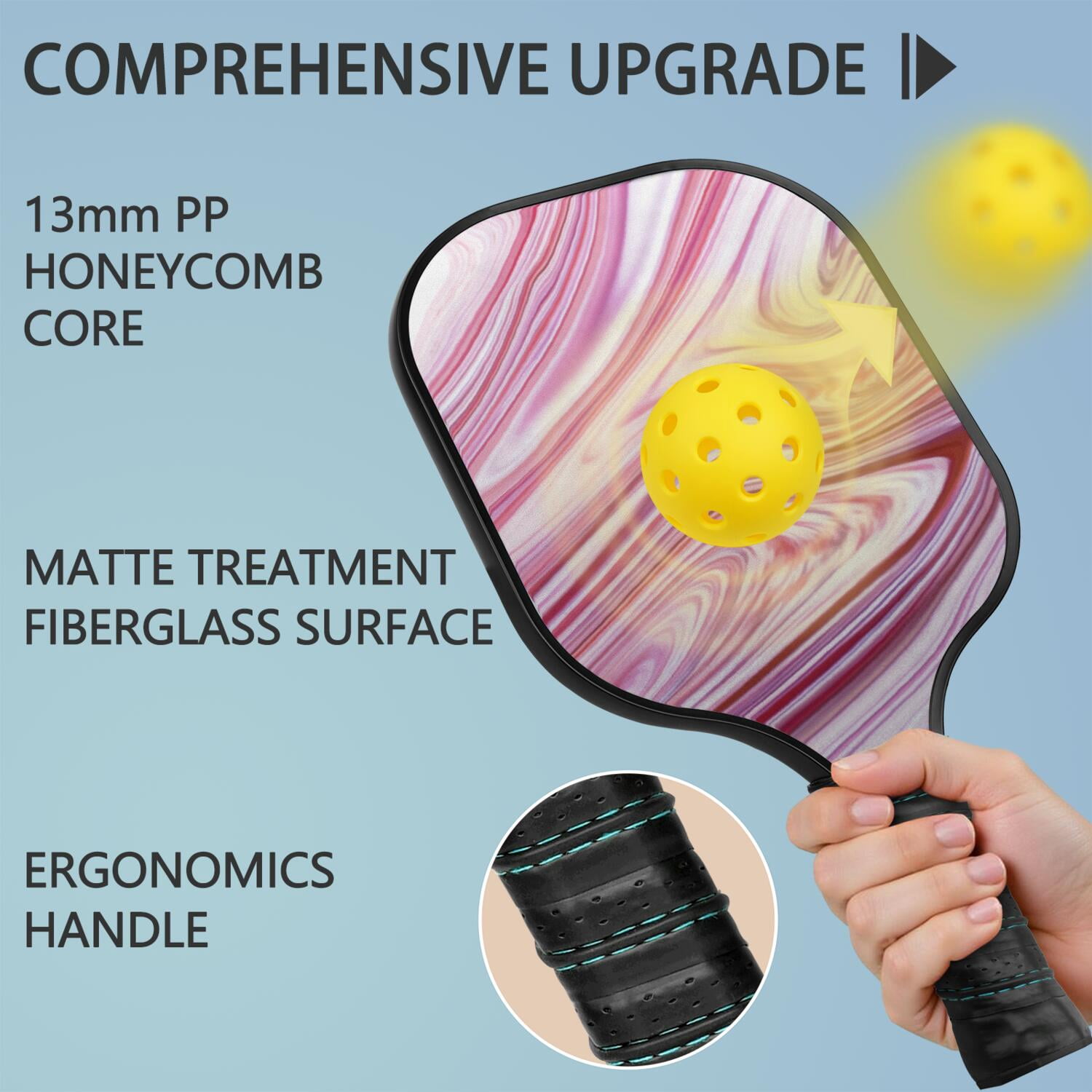 Pickleball Paddles Set Of 1, Fiberglass Surface, Liquid & Marble Print, 1 Paddles, 2 Balls & Bag