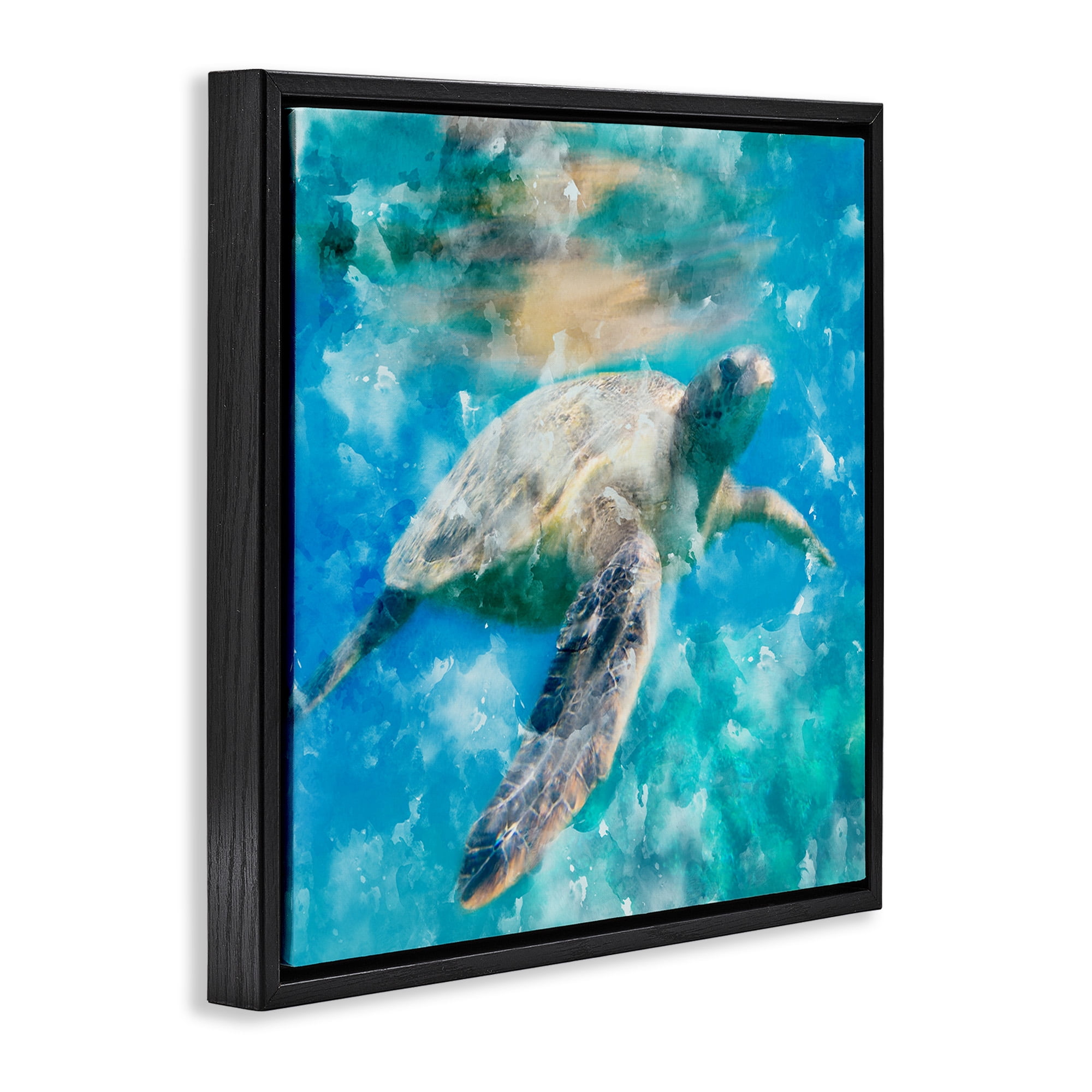 Stupell Industries Aquatic Swimming Sea Turtle Animals & Insects Painting Black Floater Framed Canvas Art Print Wall Art, 18 x 18