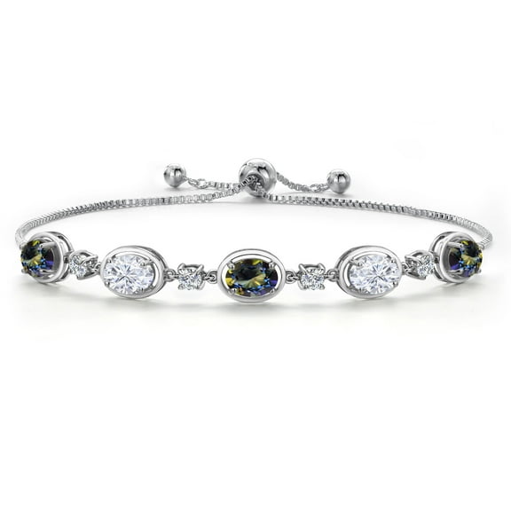 Gem Stone King 925 Sterling Silver Blue Mystic Topaz and White Moissanite Bracelet for Women | 4.65 Cttw | Gemstone November Birthstone | Oval 7X5MM | Fully Adjustable 9 inch