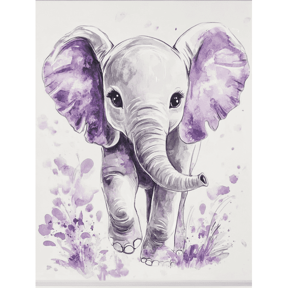Purple Elephant Watercolor Canvas Print, Suitable for Living Room, Bedroom, Nursery, Office, and Hallway Decoration.