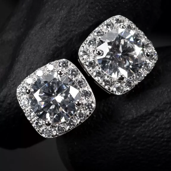 3TCW Round Cut Lab Created Diamond Men's Cushion Halo Stud Earrings in 14k White Gold Plated