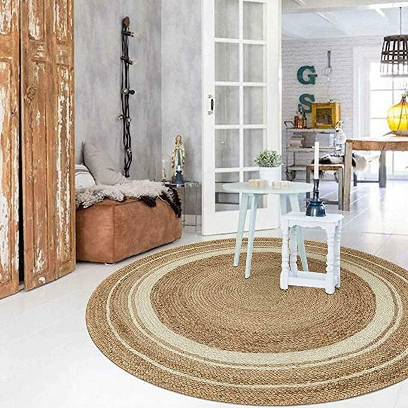 Ripaz Vogue Jute Rug Hand Woven Round Beige + White Border Living Room Area Rug, Farmhouse Rug (3 Feet Diameter)