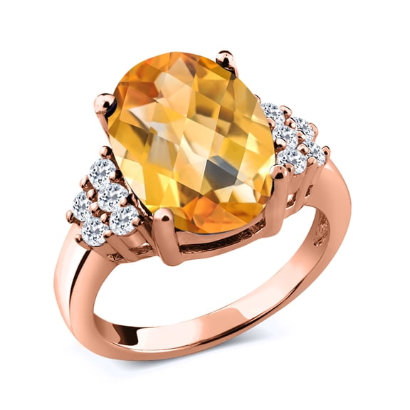 Gem Stone King 6.13 Ct Oval Checkerboard Yellow Citrine White Topaz 18K Rose Gold Plated Silver Ring (Size 5)