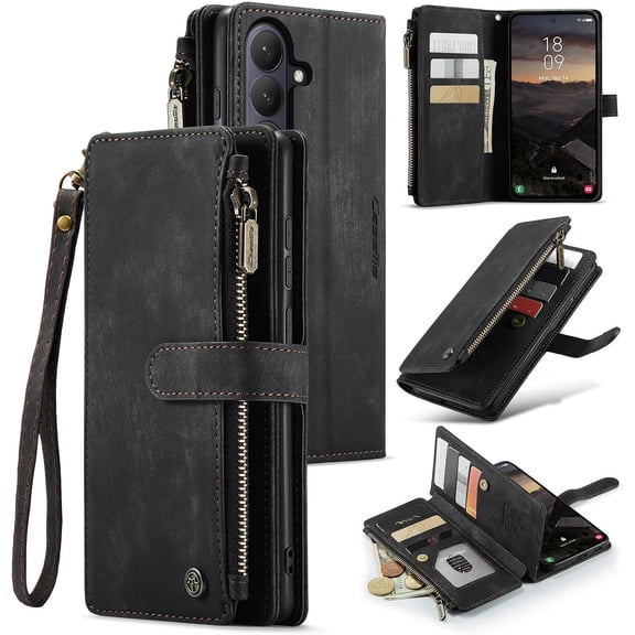 Compatible with Samsung Galaxy S26 5G Wallet Case with Card Holder Kickstand Magnetic Zipper Pocket Lanyard Strap Wristlet,Leather Flip Case Wallet for Galaxy S26 5G 6.3 Inch
