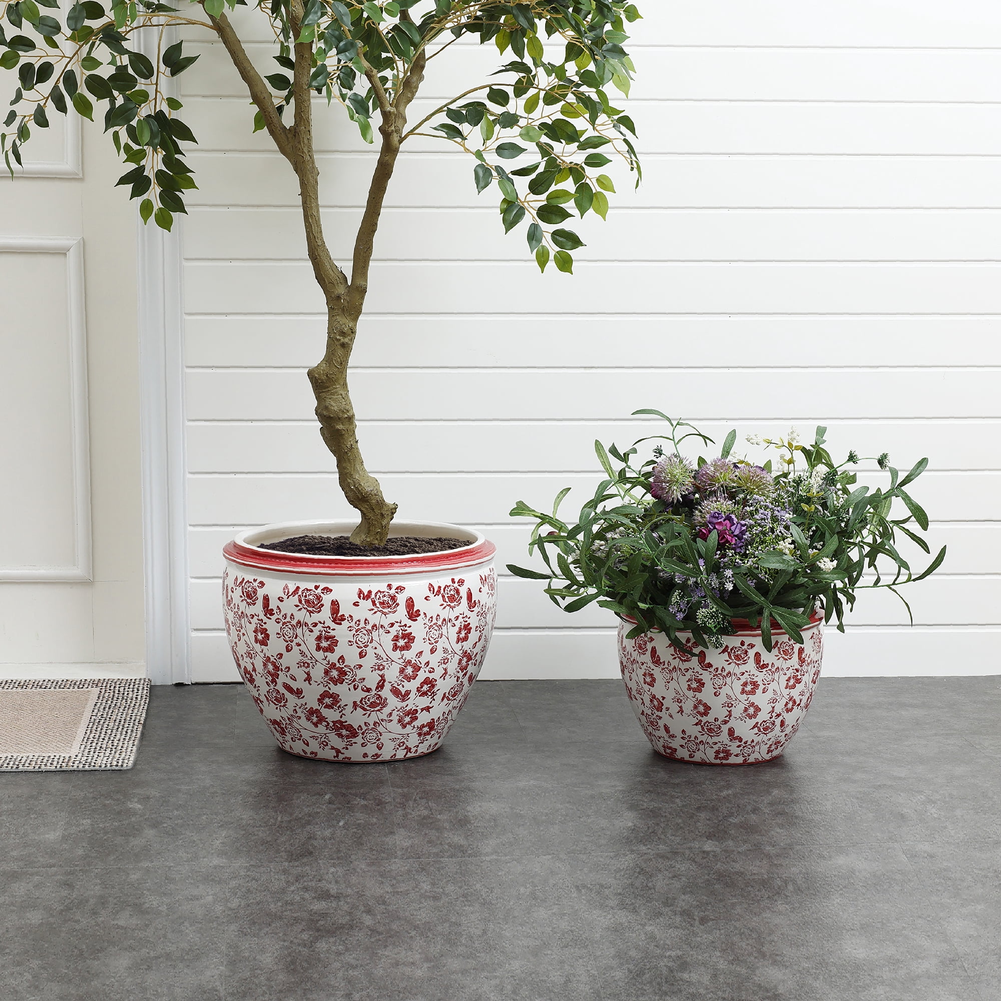 LuxenHome 11.5" Dia Red and White Round Planter Pot, Large Ceramic Flower Pot with Drainage