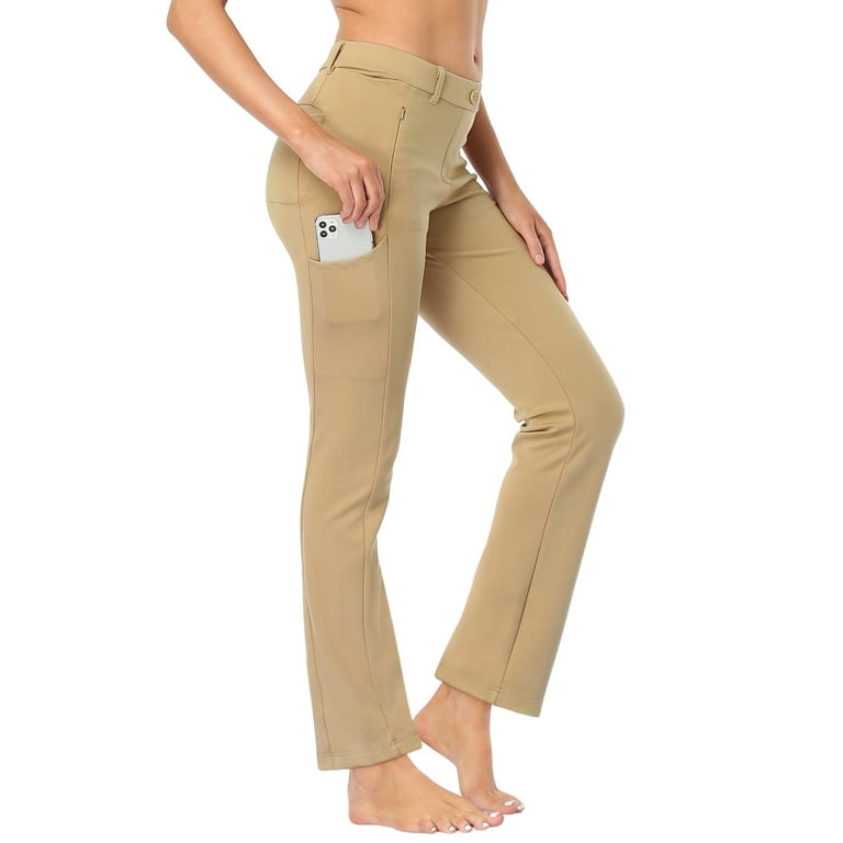 HDE Yoga Dress Pants for Women Straight Leg Pull On Pants with 8 Pockets  Khaki - XXL Regular