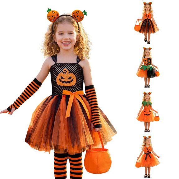 AWZXDE Toddler Girl Clothes Halloween Pumpkin Face Sleeveless Tutu Dress Set With Headband And Candy Bag For Trick Or Cosplay Party 3-Orange - 8-9 Years
