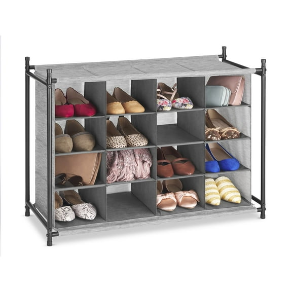 Whitmor 4-Tier Fabric Shoe Rack, Space-Saving Storage Cubbies, 16-Cubbies, Gray & Black