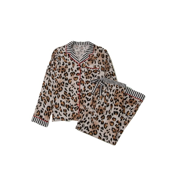 Women's Khaki Leopard Print Long Pajama Set – Cozy Home Lounge Wear for Fall, 4X
