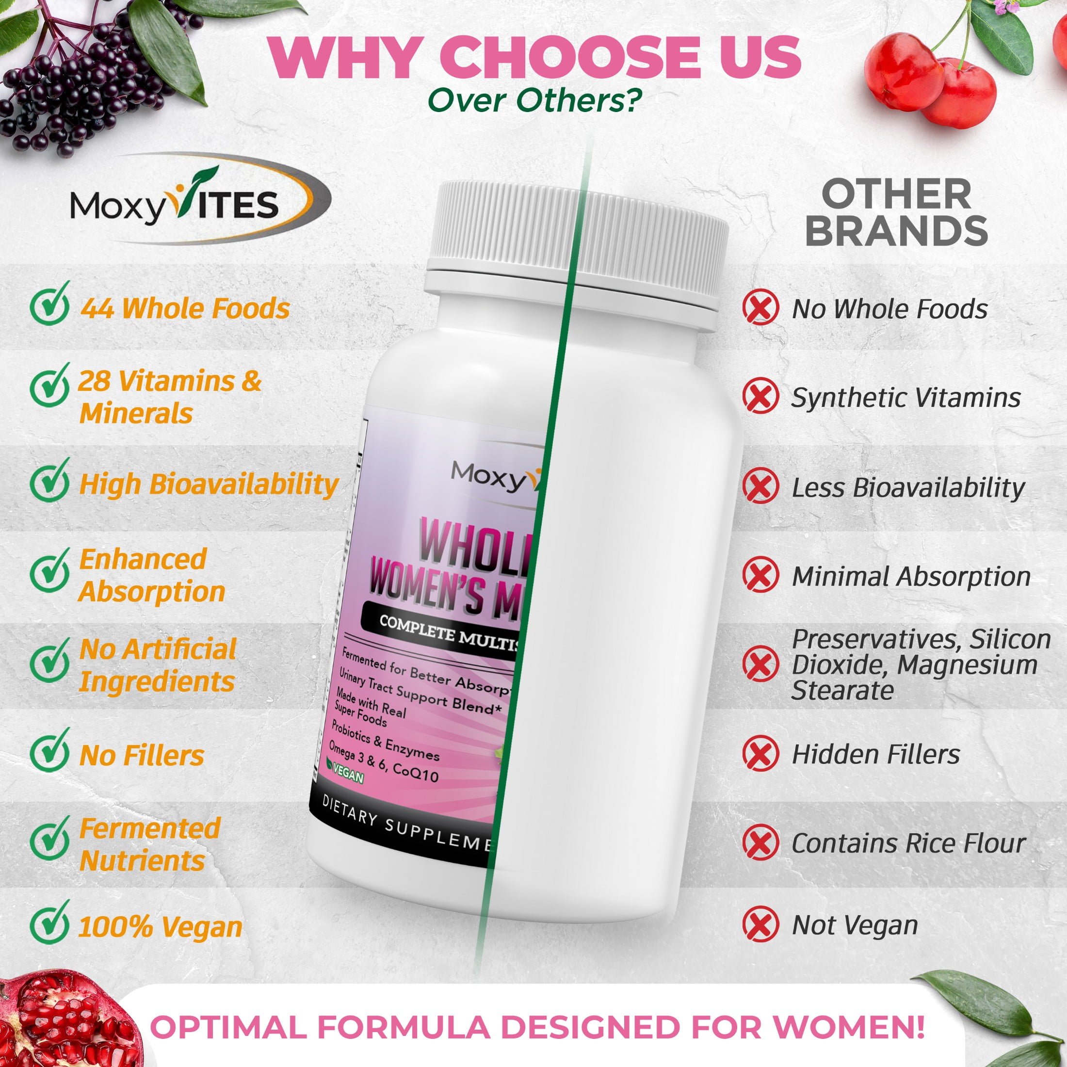 MoxyVites Women's Multivitamins, Methylated, with Iron, Whole Food, Probiotics, 44 Fermented Nutrients, Vegan, 90 Count