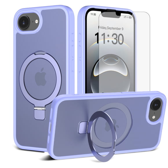 Asuwish Étui de Téléphone pour iPhone 16e/SE 2025/SE 4 Protecteur d'Écran en Verre Trempé Support Pliant Magnétique Givré Translucide Robuste Antichoc Étui de Protection pour Cellulaire i Phone16e i16e SE4 Femmes Hommes Violet