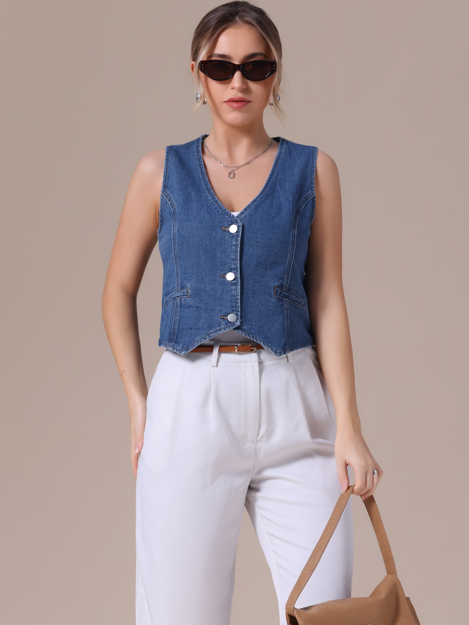 DARING DIVA Women's V Neck Waistcoat Top Casual Jean Vests L Blue