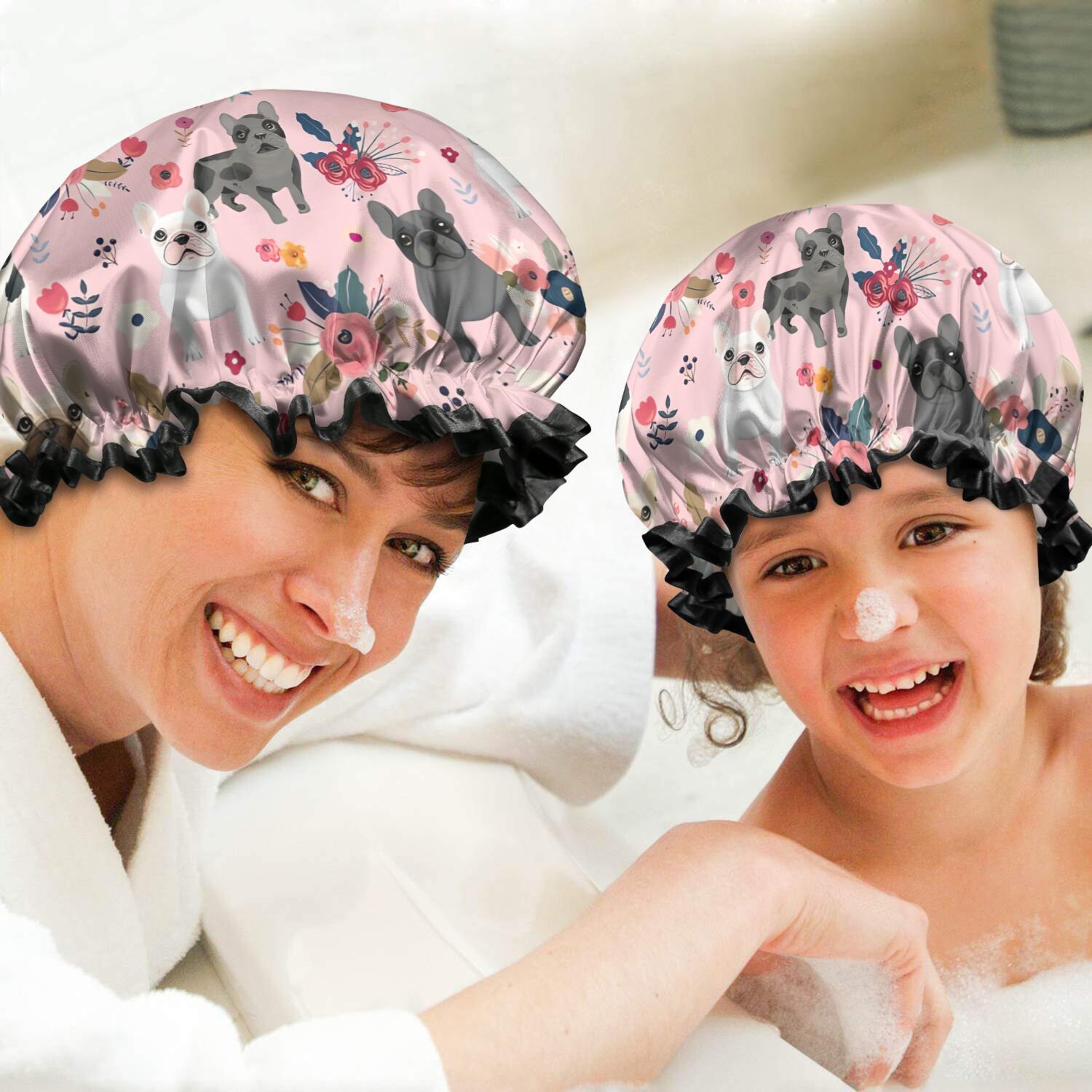 Shower Caps,French Bulldog Dog Pattern with Pioneer Flower Waterproof Shower Cap for Women 4 Pieces,Double Reusable Hair Cover for Shower PEVA Elastic Stretch Hem
