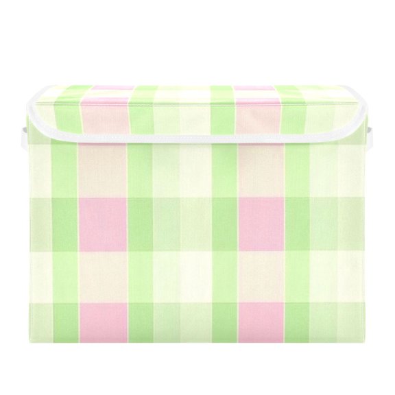Pink and Green Stripes Large Storage Bins with Linen Collapsible Lid Storage Box 16.7 x 12.6 x 11.8in