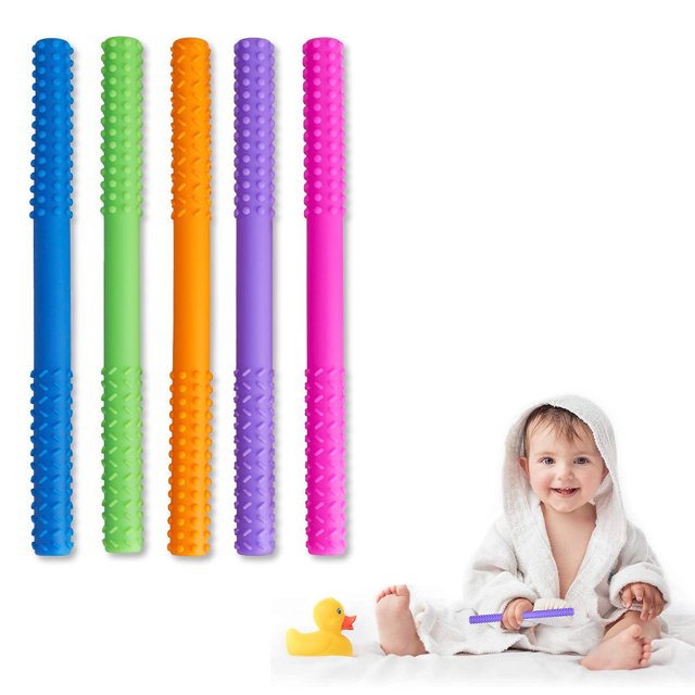 Paquete de 5 juguetes para la dentición del bebé mordedor de tubos huecos de silicona para niños pequeños, pajita de silicona suave para bebés con irritación calmante Fason HQ-401