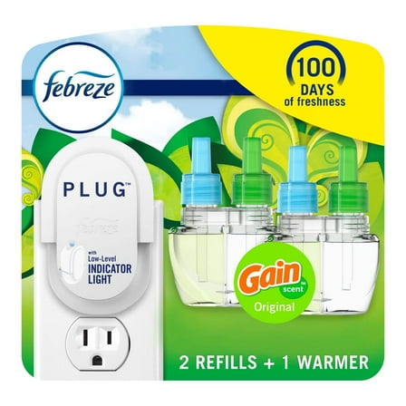 Febreze Plug In Air Freshener, Odor-Fighting Scented Oil Starter Kit, Air Fresheners for Home and Bathroom and Kitchen, Long Lasting for Strong Odors, Gain Original Scent, Warmer   2 Refill