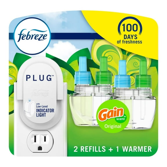 Febreze Plug In Air Freshener, Odor-Fighting Scented Oil Starter Kit, Air Fresheners for Home and Bathroom and Kitchen, Long Lasting for Strong Odors, Gain Original Scent, Warmer   2 Refill