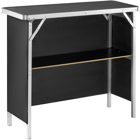 HCY Folding Portable Bar Table, Tradeshow Podium Table for Indoor, Outdoor, Party, Picnic, Exhibition, Includes Carrying Case, Storage Shelf and Black Skirt, 38.39" x 15.16" x 34.25"