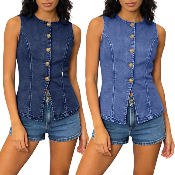 Miluxas Women's Vintage Denim Casual Vest Sleeveless Button Down Crewneck Fitted Waistcoat Street Style Layering Daily Wear Sky Blue