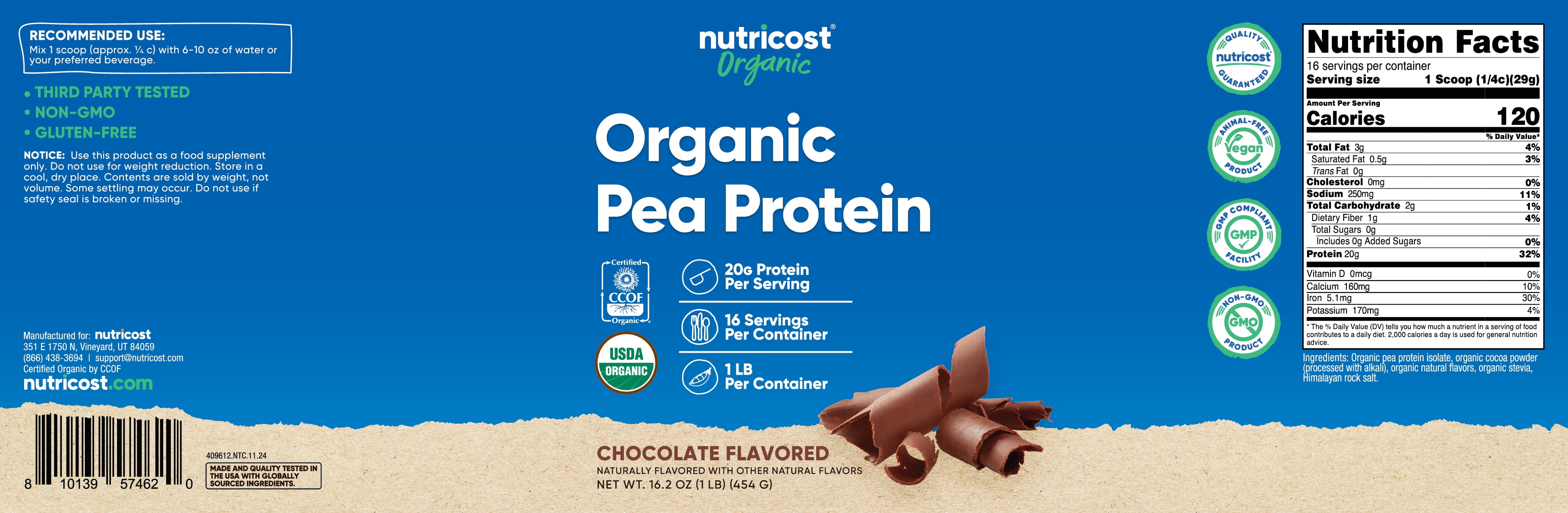 Nutricost Organic Pea Protein Powder (1LBS) - Chocolate, Certified USDA Organic, Protein from Plants, Vegetarian Friendly, Gluten Free, Non-GMO