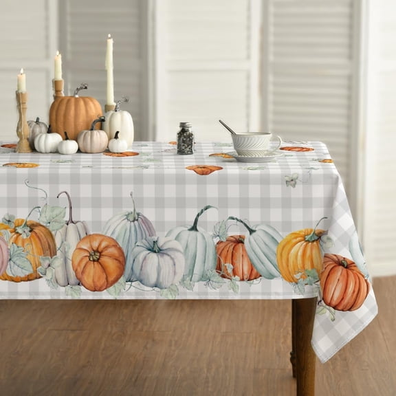 Fall Tablecloth 60x84 Inch Rectangular, Thanksgiving Autumn Harvest Watercolor Pumpkins Blue Buffalo Plaid Table Cover for Party Picnic Dinner Decor