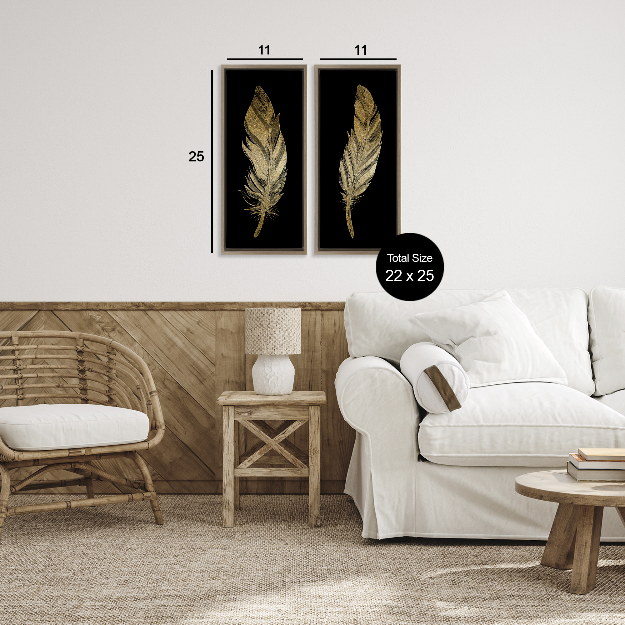 Glam Detailed Feather 2 Piece Brown Framed Floater Canvas Set, design by Kim Allen