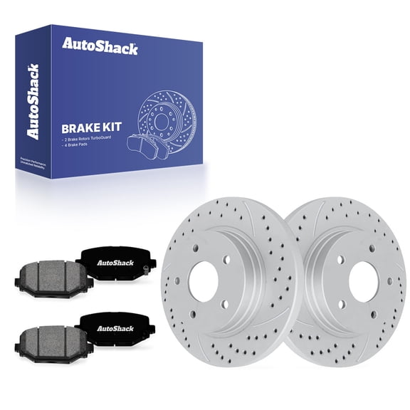 AutoShack Rear Brake Rotors & Premium Pads for Dodge, Grand Caravan 2012-2016, FWD V6 3.6L - Coated Drilled & Slotted - Silver Matte Finish - TurboGuard - 12.01" (305 mm), 5-Lug