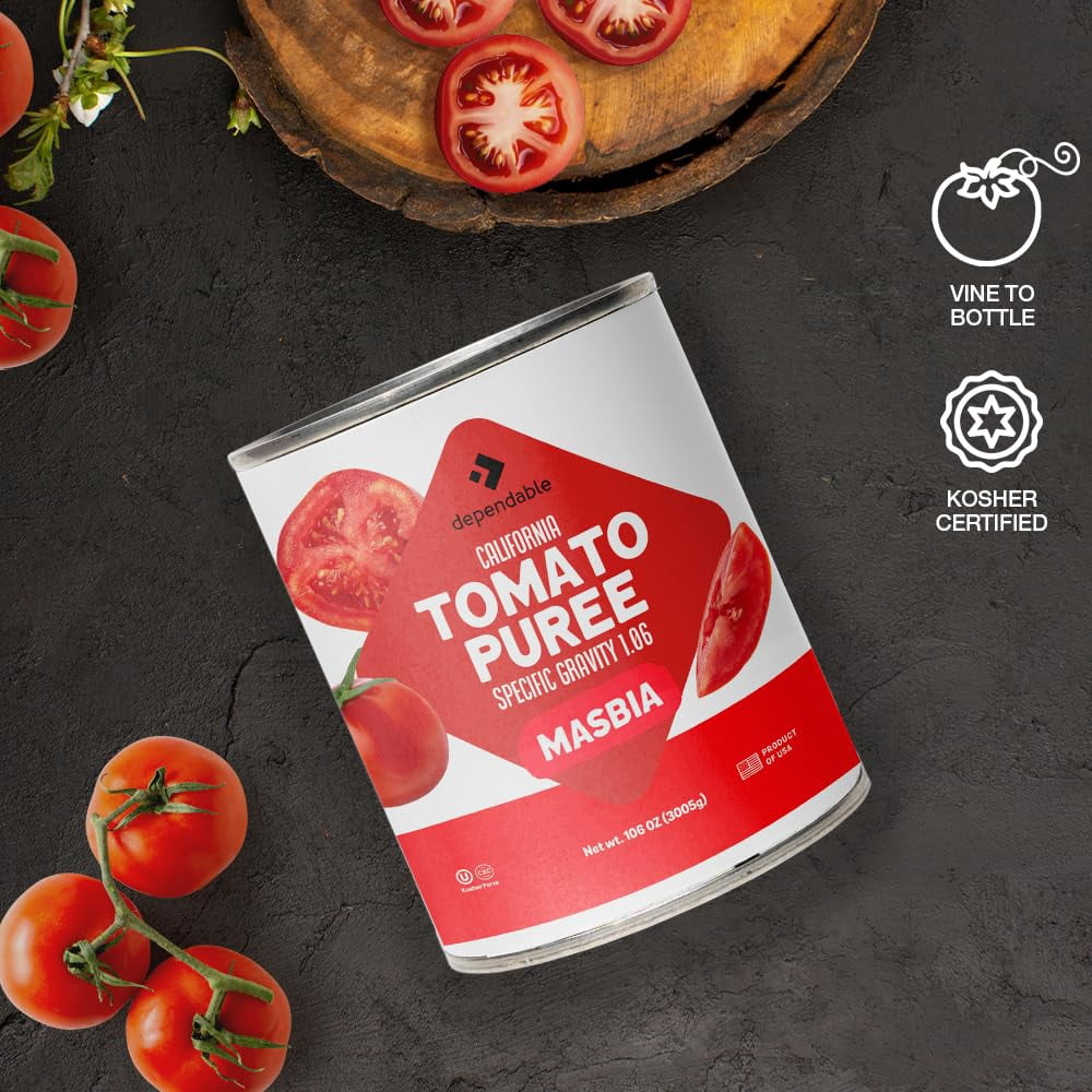 Dependable Food Tomato Puree, Kosher, Gluten Free, & Vegan Canned Tomato Puree, 6.62-lb Bulk Can