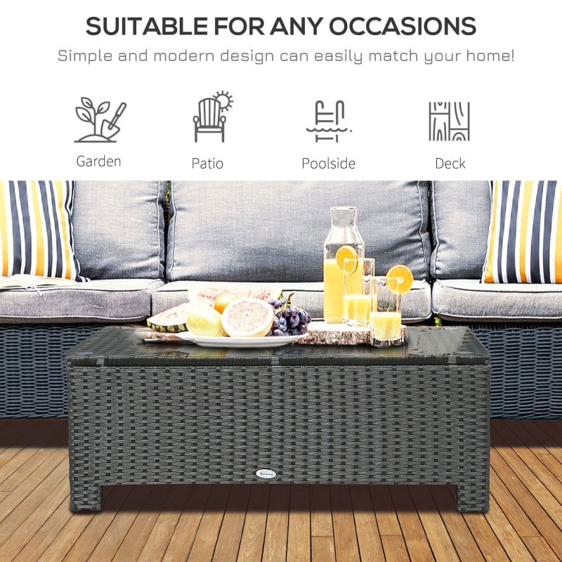 HOQBN PE Rattan Coffee Table, Rectangular Outdoor Coffee Table with Tempered Glass Top, 70 KG Capacity for Garden, Balcony, Terrace, Patio, Black