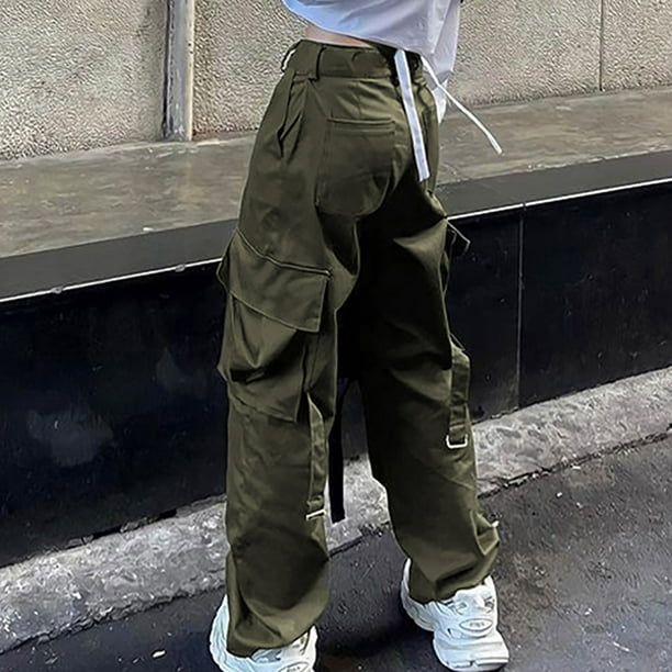 Cargo Pants for Women Casual High Waist Straight Leg Pants Pockets Loose  Bandage Solid Color Stretch Trousers 