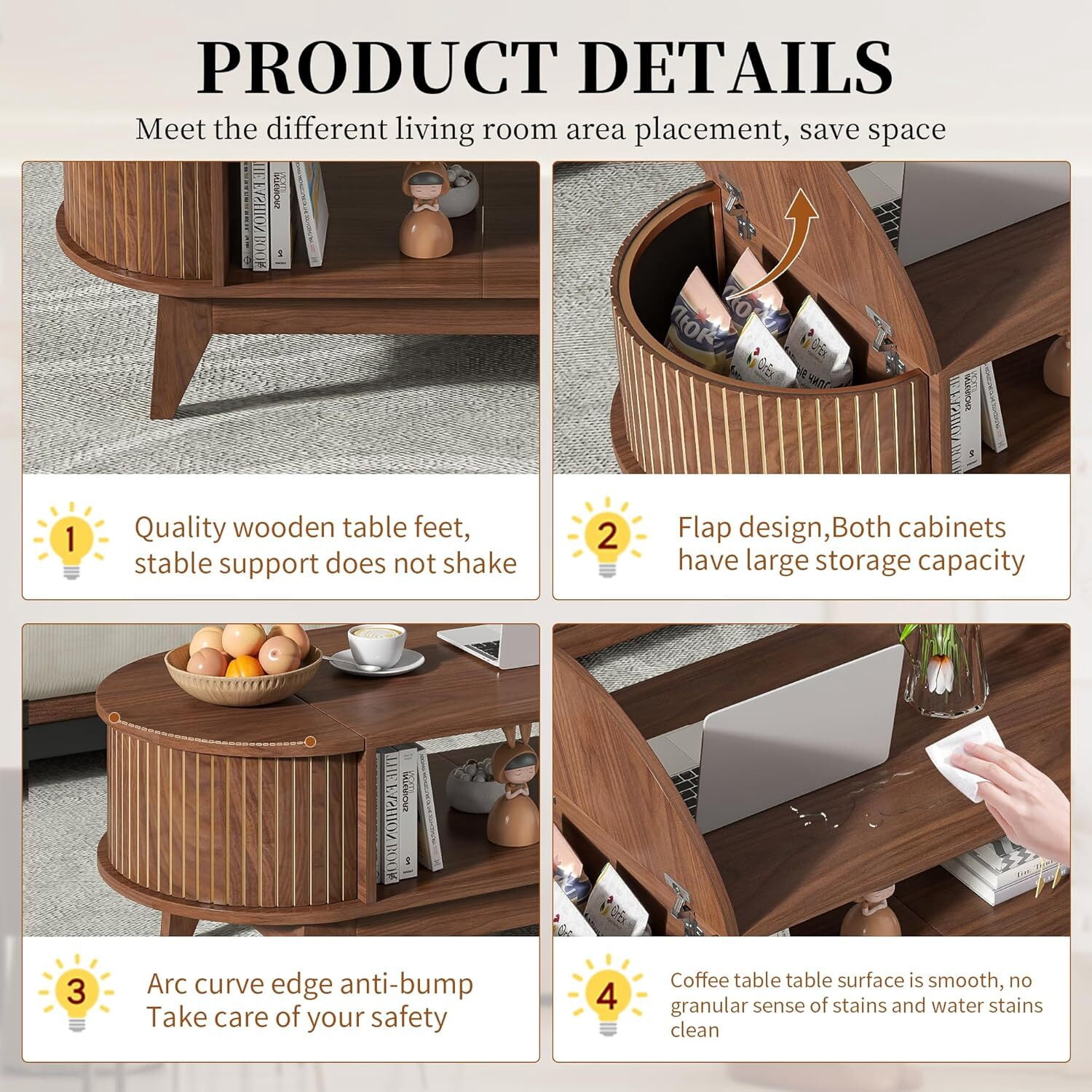 IQCNGVX Fluted Coffee Table with Storage, Oval with Flip-Top Lids