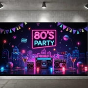 Neon Design 80s Party Banner Retro Elements Music Player Disco Ball Lights for Theme Party Celebration Indoor Event Decoration