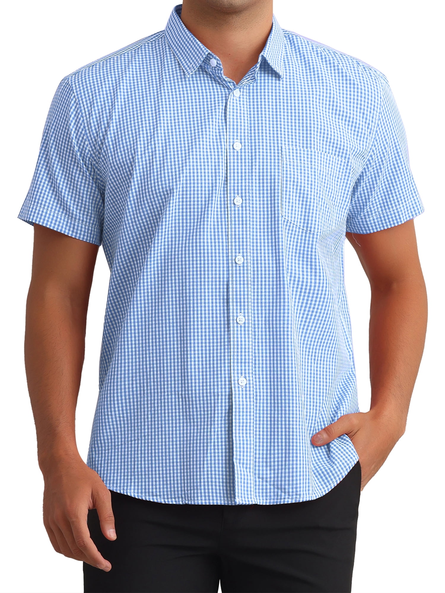 DARING DIVA Men's Gingham Tartan Button Short Sleeve Business Plaid Dress Shirt XL Blue